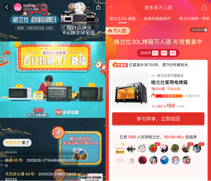 9月28日,拼多多"百亿补贴"直播间落地格兰仕总部,近50万网友直播